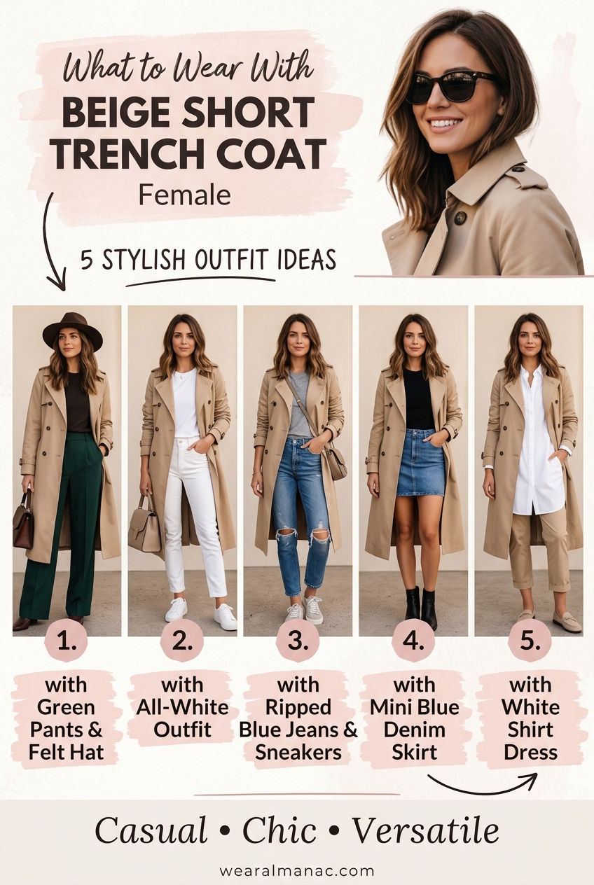 what to wear with a beige short trench coat female outfit ideas